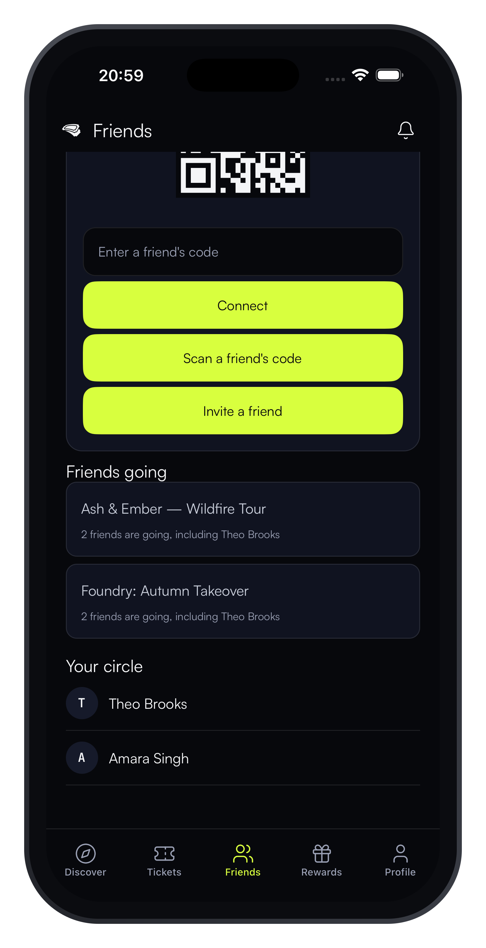 iPhone showing friends joining a night through a shared ticket