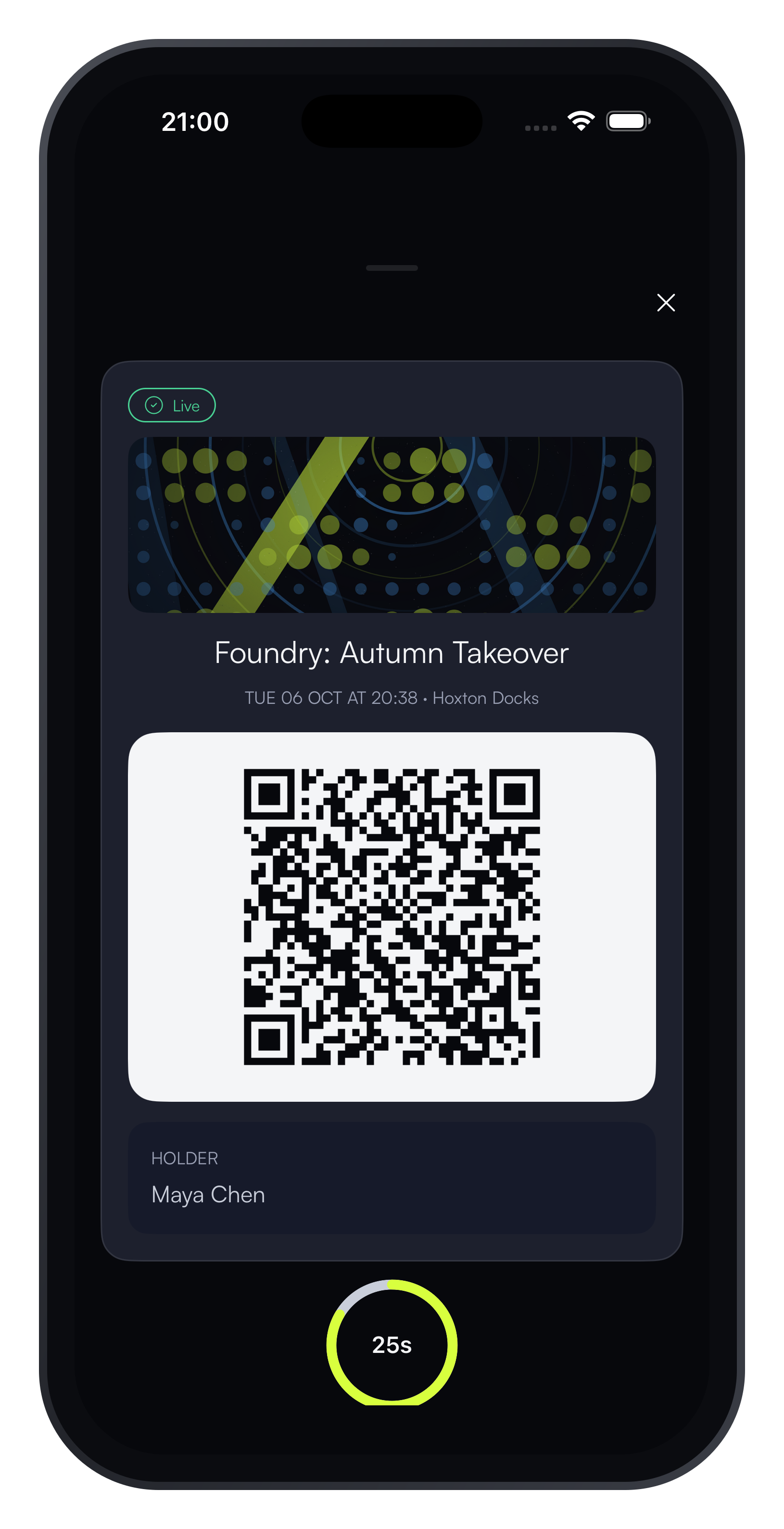 iPhone showing a YRTKT ticket with a rotating QR code