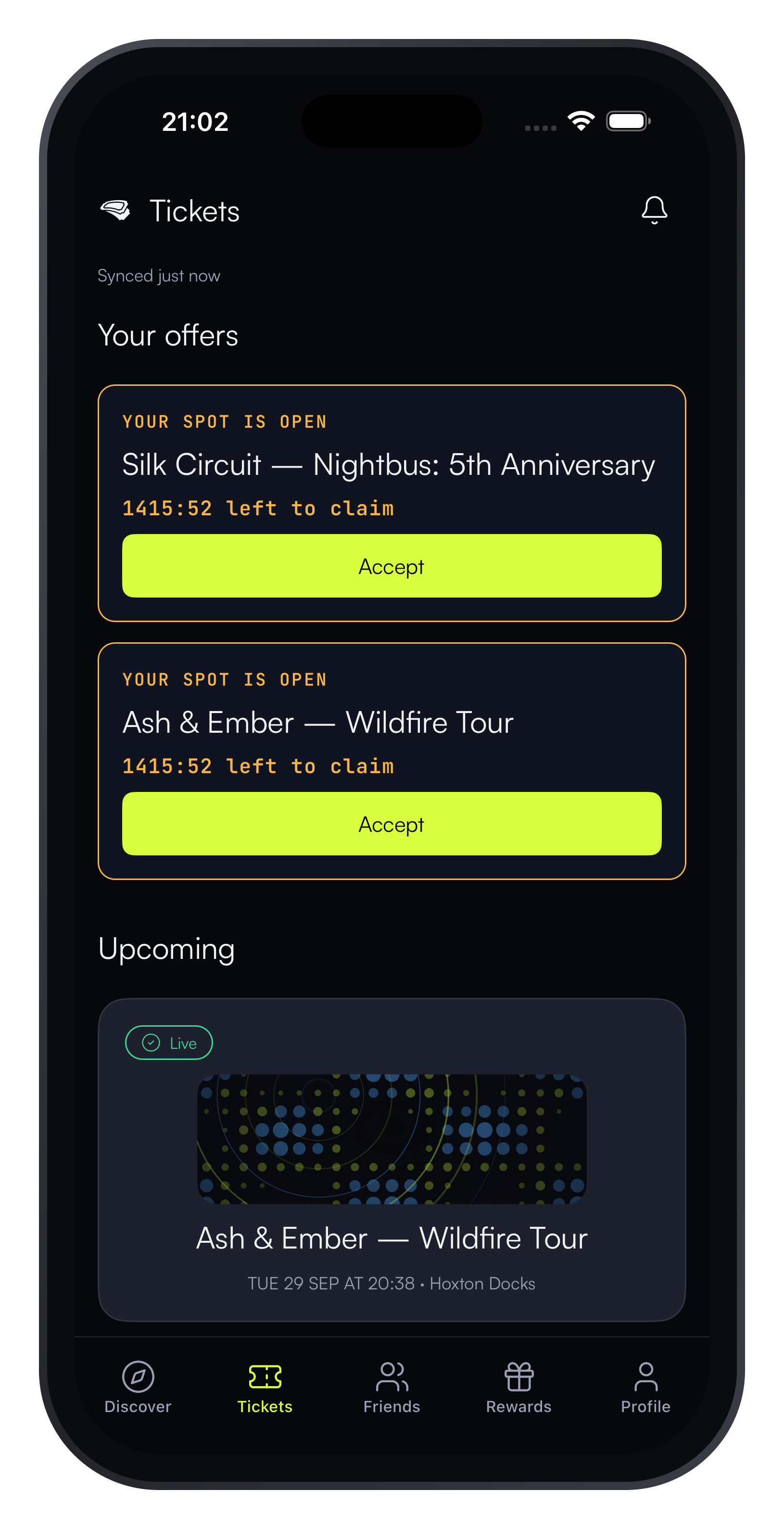 iPhone showing the YRTKT wallet with a claimed ticket