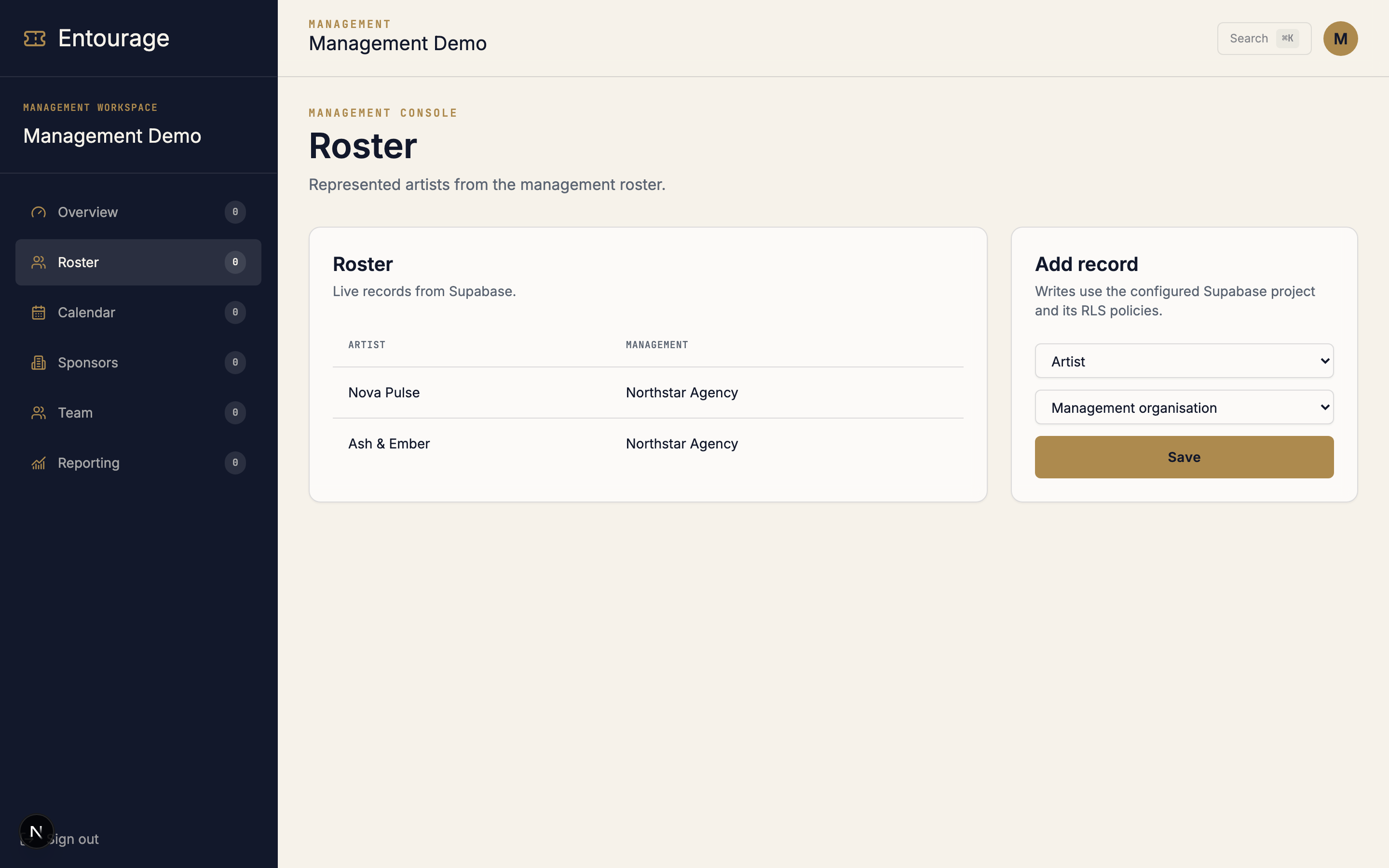 Management roster